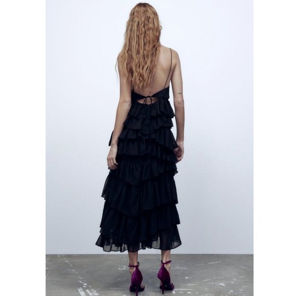 ZARA WOMAN STRAPPY RUFFLED MIDI LONG TIER DRESS BLACK  REF: 8777/830 S,M,L - Picture 5 of 12